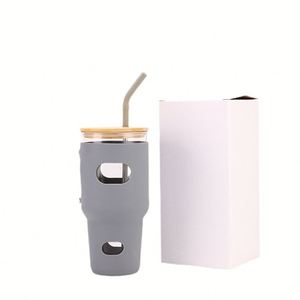 XH GT8011 Thick Transparent Glass Auto Tumbler 32oz Ergonomic Grip Anti Collision Silicone Sleeve Bamboo <b>Straw</b> Kit - Product Image 4