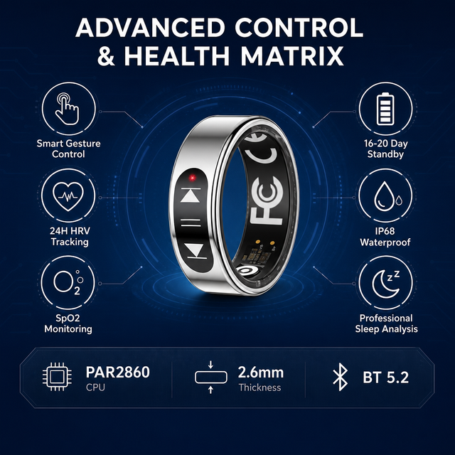 Wholesale Gesture Control Smart Ring Wireless 5.2 Heart Rate HRV SpO2 Sleep Tracking 16 to 20 Day Standby IP68 Waterproof