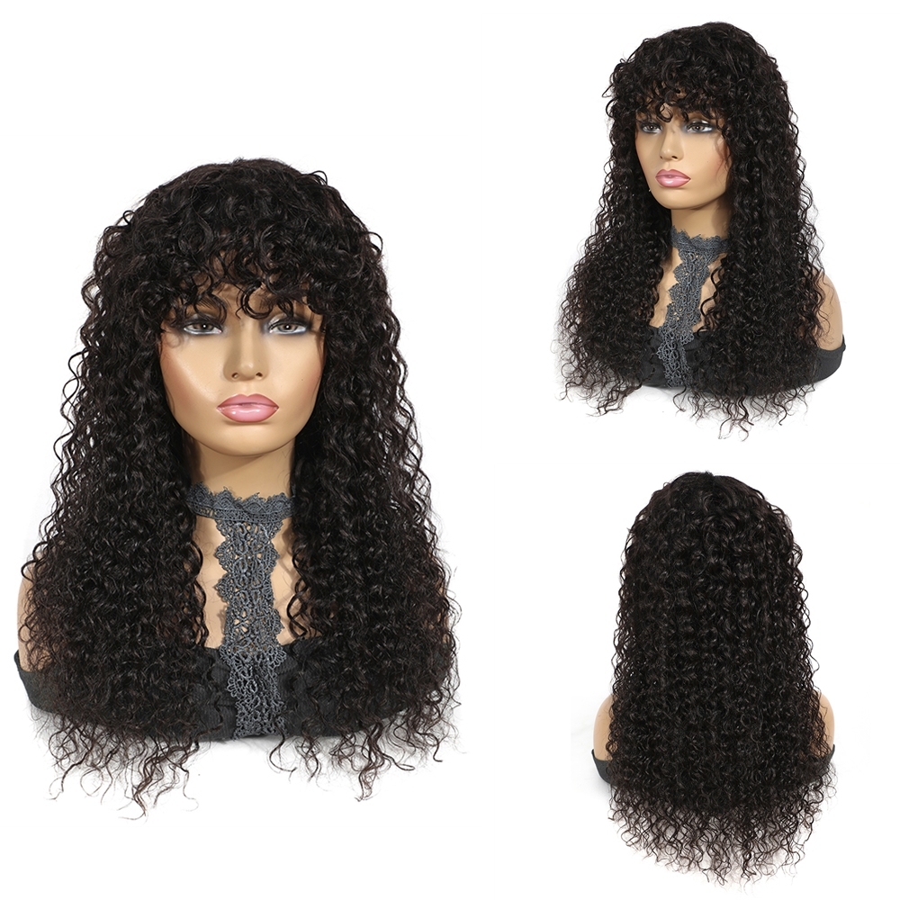Perruque Noire 12 Pouces Cheveux Humains Brésiliens Bouclés Avec Frange - Marque Métisse, 3 Attaches, Neuve Avec étiquettes