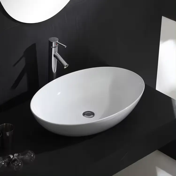 Nuovo Design vaso ovale arte lavabo bianco lucido bagno lavabo in ceramica lavabo lavabo a mano