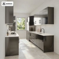 Meuble de cuisine en acrylique au design moderne, aménagement en îlot central, rangement par tiroirs, unités sur mesure et boîtes de rangement en contreplaqué