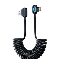 Kabel Pengisi Daya USB 2.0 Tipe-C Retraktil Spiral Custom, Sudut 90 Derajat Kiri Kanan, Inti Tembaga, Karet, 500mm