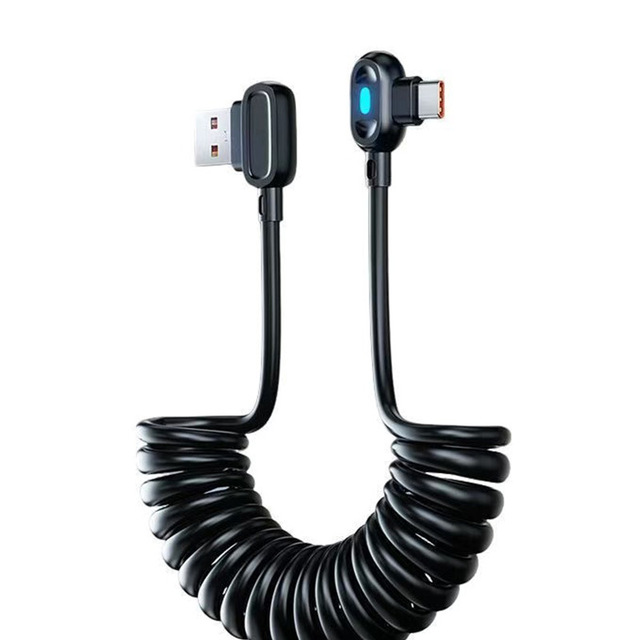 Custom Spring Coiled Retractable USB 2.0 Male 90 Degree Left Right Angle Type-C Charging Cable Copper Core Rubber 500mm