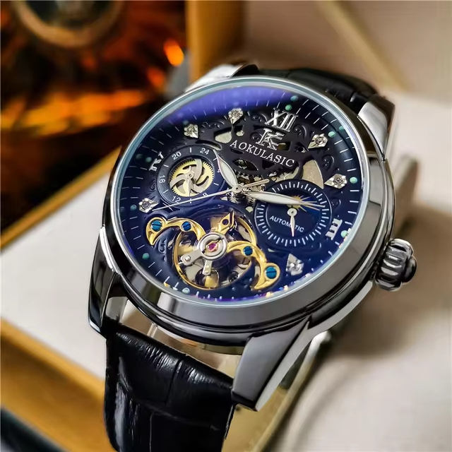 AOKULASIC 1701 Top Brand Men's Flywheel Hollow Watch Luxury Moon Phase Display 24-hour Automatic Mechanical Watch Leather Strap