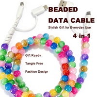 Kabel Data Berwarna-warni 4 in 1 dengan Manik-manik, Kabel Tipe C, Pengisi Daya Ponsel Cepat, Aksesori Pengisi Daya