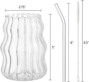 Paquete de 4 Vasos de Vidrio Estriado Estéticos con Pajita de Vidrio, 16 oz, Vasos Vintage para Beber, Vasos de Cóctel con Diseño Ondulado para Café Helado - Product Image 6