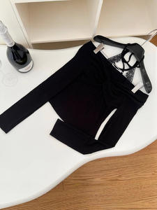 Women's Off Shoulder Front Halter <b>Top</b> - Lace Trim Long Sleeve Ribbed Crop <b>Top</b> Cami Womens Clothes Shirt Fashion - Product Image 5