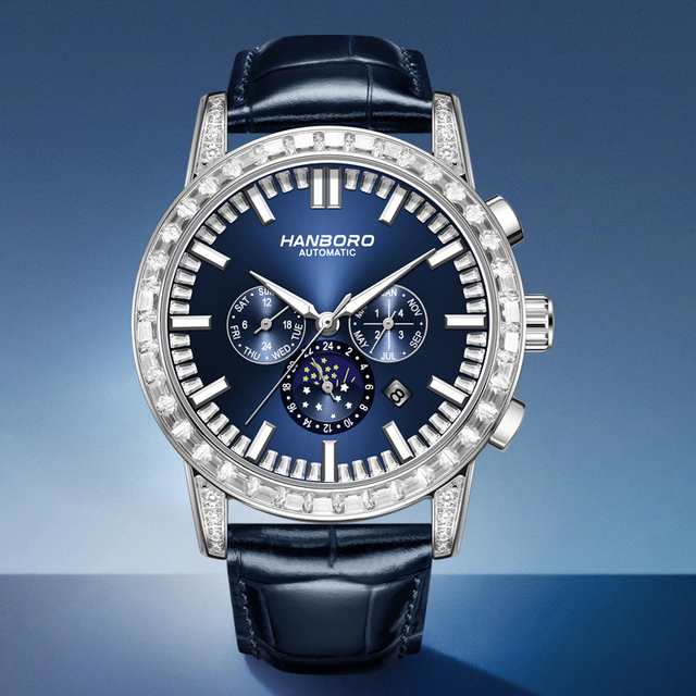 HANBORO King of Watches Luxury Men's Automatic Mechanical Watch with Full Diamonds Round Case Glass Dial Window Pointer Display