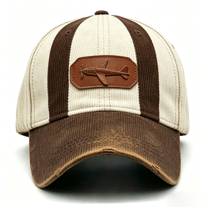 Casquette de baseball personnalisée en velours côtelé avec patch en cuir, style vintage sportif, bicolore rayée, réglable, effet vieilli, visière rétro, OEM - Product Image 1