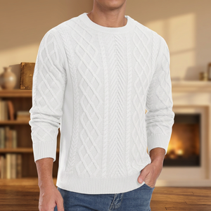 Pull en tricot torsadé blanc pour homme, manches longues, motif géométrique, vêtement d'hiver, coupe classique, 100% acrylique - Product Image 4