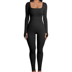 Elevate Women Ribbed Long Sleeve Yoga Jumpsuit Full Length <b>Square</b> <b>Neck</b> Sport <b>Bodysuit</b> For Workout Fitness Wear Solid Color - Product Image 1