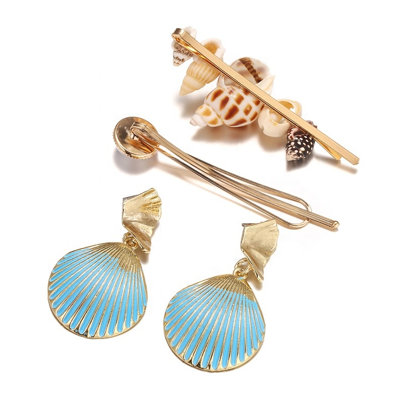 Набор сережек-пряжек в пляжном стиле для отпуска, женские заколки для волос с ракушками и жемчужинами, акриловые жемчужные серьги, шпильки для волос в комплекте
