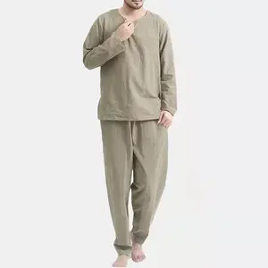Boboyu Groothandel Effen Kleur Mannen Nachtkleding Katoen En Linnen Tweedelige Pyjama Sets Lange Mouwen Fall 2021 Lounge Wear