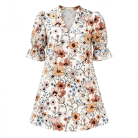Robe d'été élégante en gros à col en V, à motifs floraux, avec manches à volants, mini-robe imprimée rétro, coupe ample