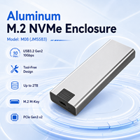Enclosure SSD M.2 NVMe tanpa alat USB3.2 Gen2 10Gbps PCIe Gen3 x2 M-Key untuk SSD 2230/2242/2260/2280 Maks 2TB M08 JMS583