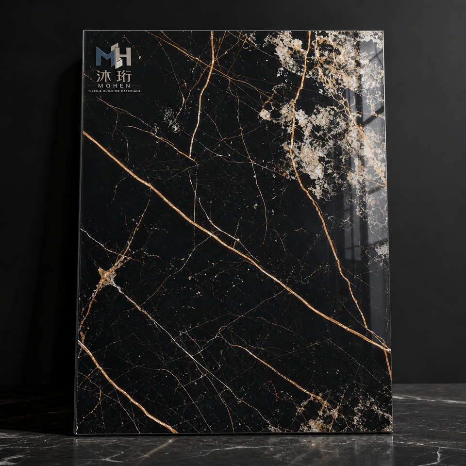 Contemporary Large Format Black Gold Vein Marble Texture Polished ...