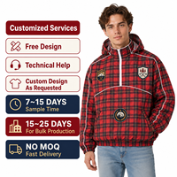 Veste Anorak Homme Personnalisée Rouge à Carreaux avec Capuche et Demi-Zip, Style Vintage, Coupe-Vent d'Extérieur avec Écussons Brodés
