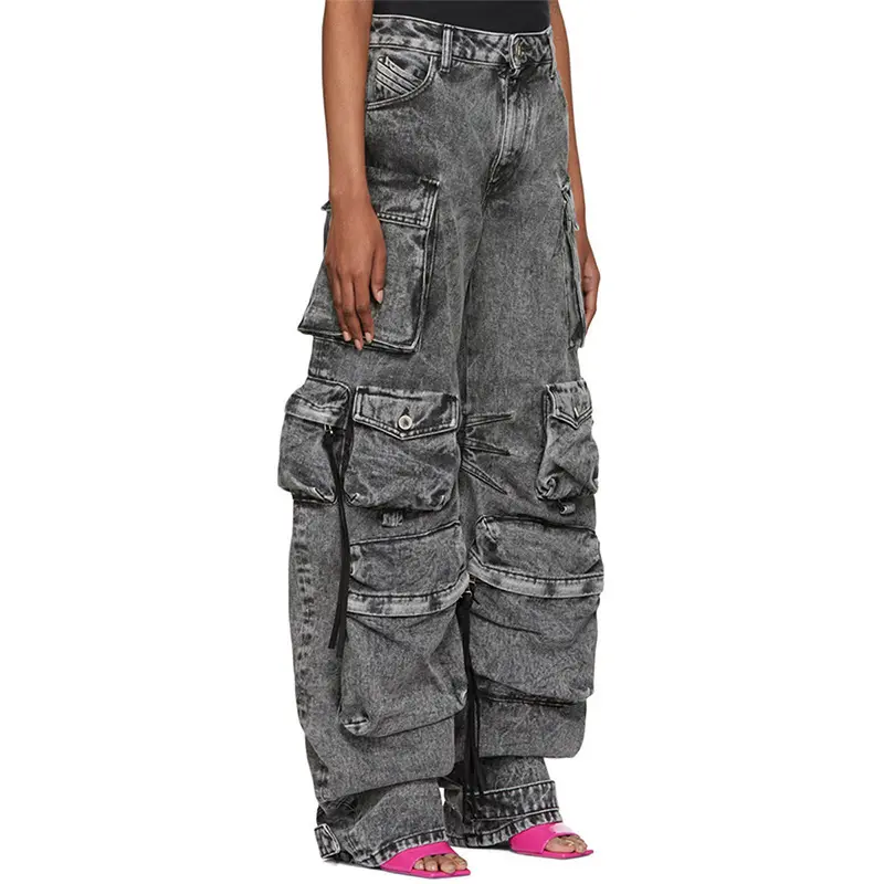 HG30000 plus size personalizado moda y2k calça jeans larga larga larga para mulheres, roupa de rua larga vintage lavada com ácido
