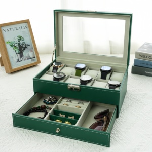 Boîte à montres et bijoux carrée à double couche, 12 compartiments, en cuir PU avec <span class=keywords><strong>ouverture</strong></span> transparente - Product Image 3