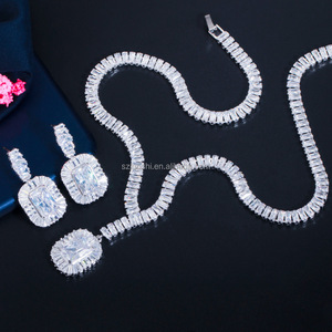 Fashion Bling Gold Plated Square Blue Cubic Zirconia Necklace Drop Earrings Women Party Jewelry Set for Wedding Brides <strong>Costume</strong> - Product Image 4