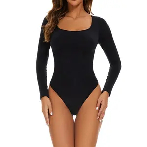 Wholesale large size solid color jumpsuit high elastic bottoming hip lift square neck long sleeve jumpsuit seamless shapewear