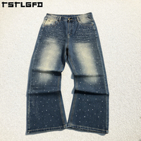 Jean vintage personnalisé, 100% coton écologique, taille haute, automne/hiver, denim uni, entièrement orné de strass, coupe droite ample et épaisse