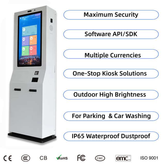 Floor Stand Touch Screen Car Wash Parking Automatic Payment Kiosk Self Service Scanner Printer Cash Coin Recycler Outdoor SDK
