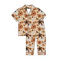 Pyjama décontracté pour enfants à rayures florales pour la saison d'automne, haut à manches courtes à col boutonné et pantalon