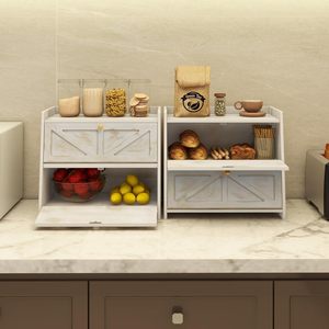 Caja de pan de bambú de doble capa, color blanco antiguo, contenedor de almacenamiento de escritorio para alimentos y artículos diversos - Product Image 5