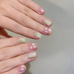 <span class=keywords><strong>Uñas</strong></span> Postizas R975 con Degradado Verde Primavera y Diseño Floral, Estilo Dulce para Chicas, ABS Premium, Disponibles en Stock - Product Image 1