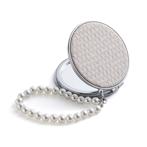 Miroir de maquillage compact rond double face avec housse en tissu et chaîne perlée en fausses perles, miroir cosmétique de poche portable - Product Image 5