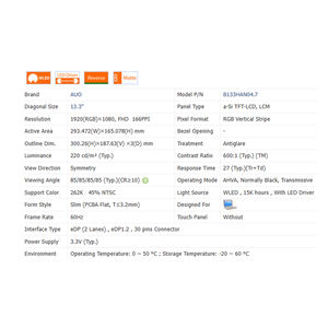 600:1 B133HAN04.7, 220 Cd/<span class=keywords><strong>m</strong></span> yepyeni hiçbir dokunmatik 16:9 Laptop LCD ekranı modülü 1920*1080 EDP 30 Pins 13.3 "63% SRGB - Product Image 6