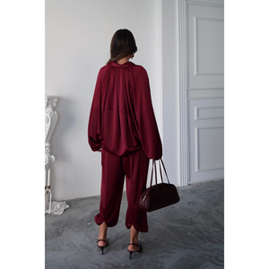 Conjunto de Traje de Satén para Mujer, Color Rojo Burdeos, Pantalones de Manga Larga, Ropa Formal Elegante, Talla S - Product Image 1