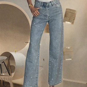Jean en denim pour femme à strass, taille haute, coupe large, décontracté, pour soirée, vente en gros, impression de logo personnalisé, fourniture - Product Image 2