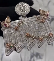 Collier Hip Hop en Argent S925 Plaqué Or Bicolore, Pendentif Lettre Personnalisée Sertie de Moissanite avec Médaillon Oiseau Rose et Attache