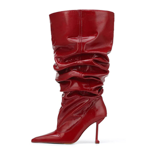 Bottines longues plissées tendance à talon chaton large et confortable pour femme, bottes hautes à bout pointu - Product Image 6