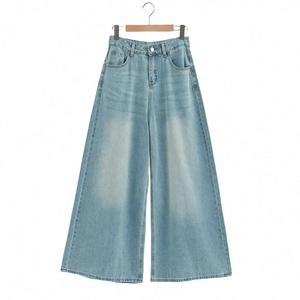 À la mode taille haute décontracté grande taille droite jambe <span class=keywords><strong>large</strong></span> femmes <span class=keywords><strong>jean</strong></span> polyvalent Stretch bleu toutes saisons pantalon en <span class=keywords><strong>jean</strong></span> ample - Product Image 1