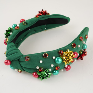 اكسسوارات زهرة الترتر باللون الأخضر والأحمر الأوروبي والأمريكية ، عصابة رأس لؤلؤ ، عقال قماش معقود لعيد الميلاد - Product Image 2