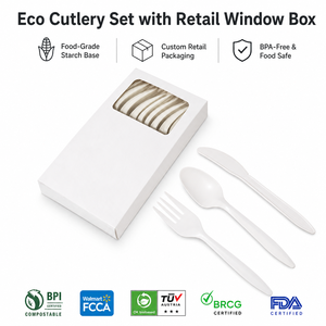 Ensemble de couverts biodégradables en amidon de maïs de qualité alimentaire épaissi pour le camping : couteau, fourchette, cuillère <span class=keywords><strong>à</strong></span> soupe, cuillère <span class=keywords><strong>à</strong></span> dîner occidentale, fourchette <span class=keywords><strong>à</strong></span> salade - Product Image 1