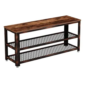 Verlengde Editie Metalen Schoenbank Met Houten Zitting Stapelbare Mesh Planken Organizer Opslag Voor Entree Houten Stoel Schoenenrek