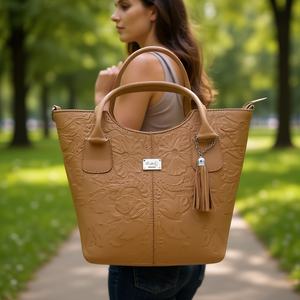 Bolso de Mano de Cuero Vacuno de Gran Capacidad Fana Wendy, Diseño de Bordado de Camello, Asa Doble, Bolso Casual para Mujer - Product Image 2