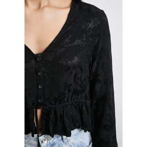 เสื้อเบลาส์คอวีแต่งระบายผ้าชีฟองสีดำสำหรับผู้หญิงสไตล์ลำลองทุกวัน - Product Image 2