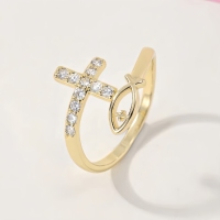 Anillo cruzado de nuevo diseño, anillo de pez ajustable con apertura chapada en oro de 14 quilates, circón religioso de latón para mujer