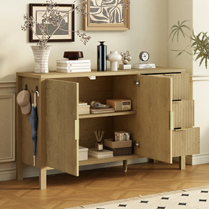 Modern Wave Pattern Sideboard With 3 <b>Drawers</b> Large <b>Storage</b> Buffet Cabinet With Hooks And Extra Center Leg - Product Image 2