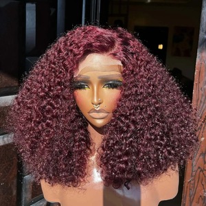 Perruque bouclée 100% <span class=keywords><strong>cheveux</strong></span> humains avec <span class=keywords><strong>bandeau</strong></span> en dentelle 13*4, modèle d'exportation pour l'Afrique, stock d'usine, rouge bordeaux - Product Image 1