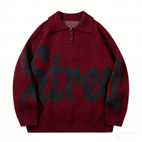 Pull à col montant pour homme, personnalisé avec impression de lettres, col montant boutonné, tricoté, coupe ample, style polo, tricot décontracté