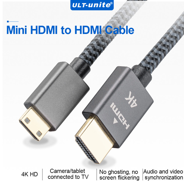 ULT-unite Mini HDMI Male to HDMI Male Cable HDMI 2.0v 4K 60Hz 2m/3m Aluminum Alloy Housing Braided Plated for Monitor DVD Player