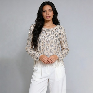 OUDINA Nuova Collezione Boutique: Top Corto con Paillettes e Frange, Collo Tondo, Manica Lunga, Taglia XXL Plus Size per <span class=keywords><strong>Donna</strong></span> - Product Image 3