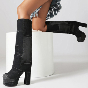 Sewing Denim Patchwork Overlay Long Booties Women on Knee High <b>Boots</b> Round Toe Chunky Heels Pants Jeans Platform Shoes - Product Image 4