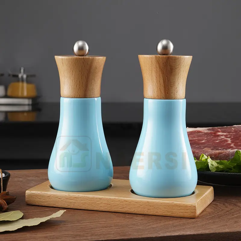 Elegant Blue Rubber Wood 6 Inch Salt and Pepper Mill Grinder sets with Wood Base